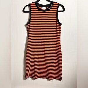 Calvin Klein Cotton Striped Mini Dress in Orange and Black Small